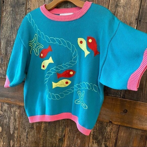 Renso Fabiani 1980’s Vintage Turquoise 2 Sided Fabric Fish Short Sleeve Sweater - Picture 8 of 8